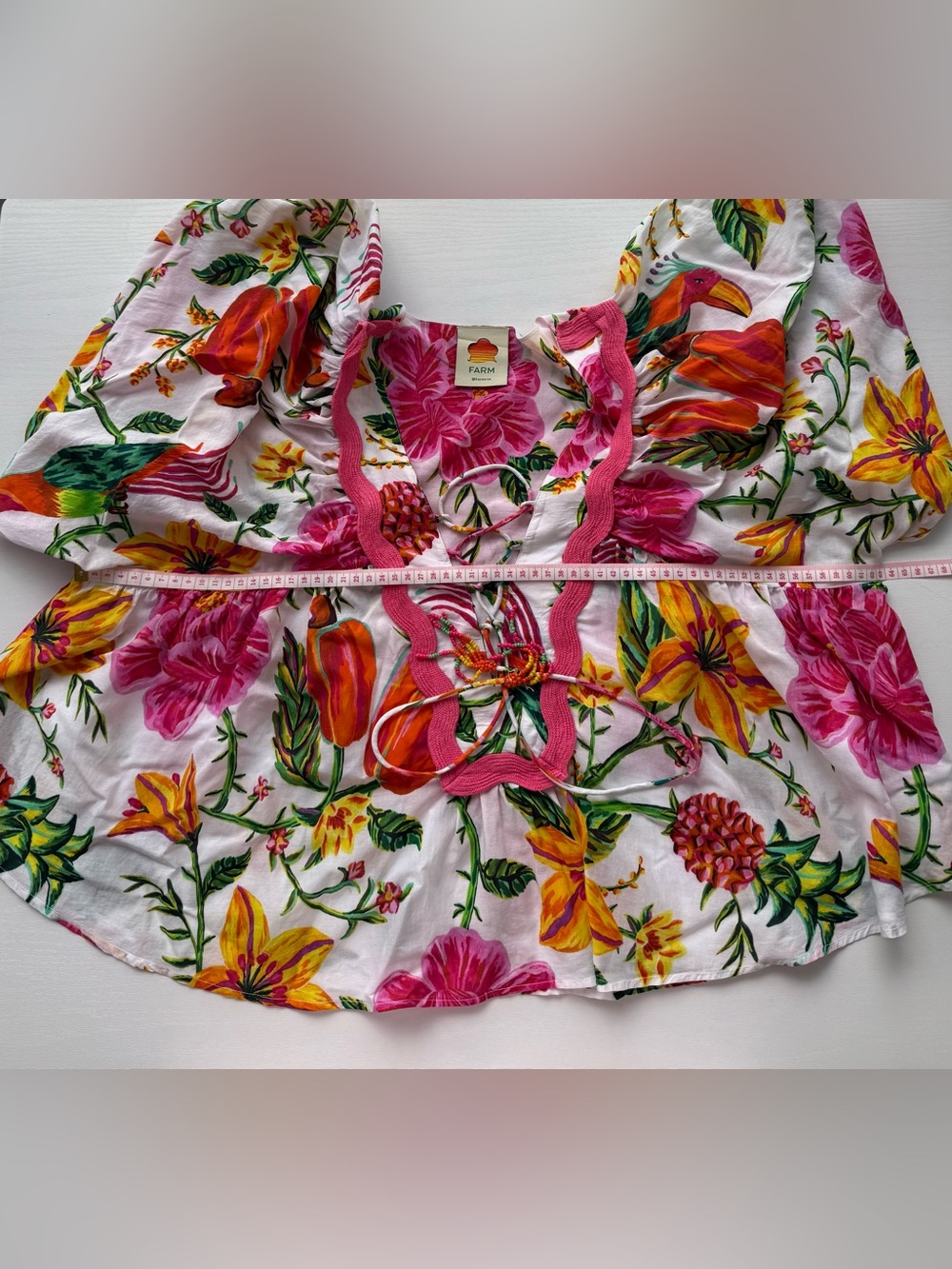 FARM Rio White Floral Boho Tie-Front Ruffle Blouse - Picture 11 of 12